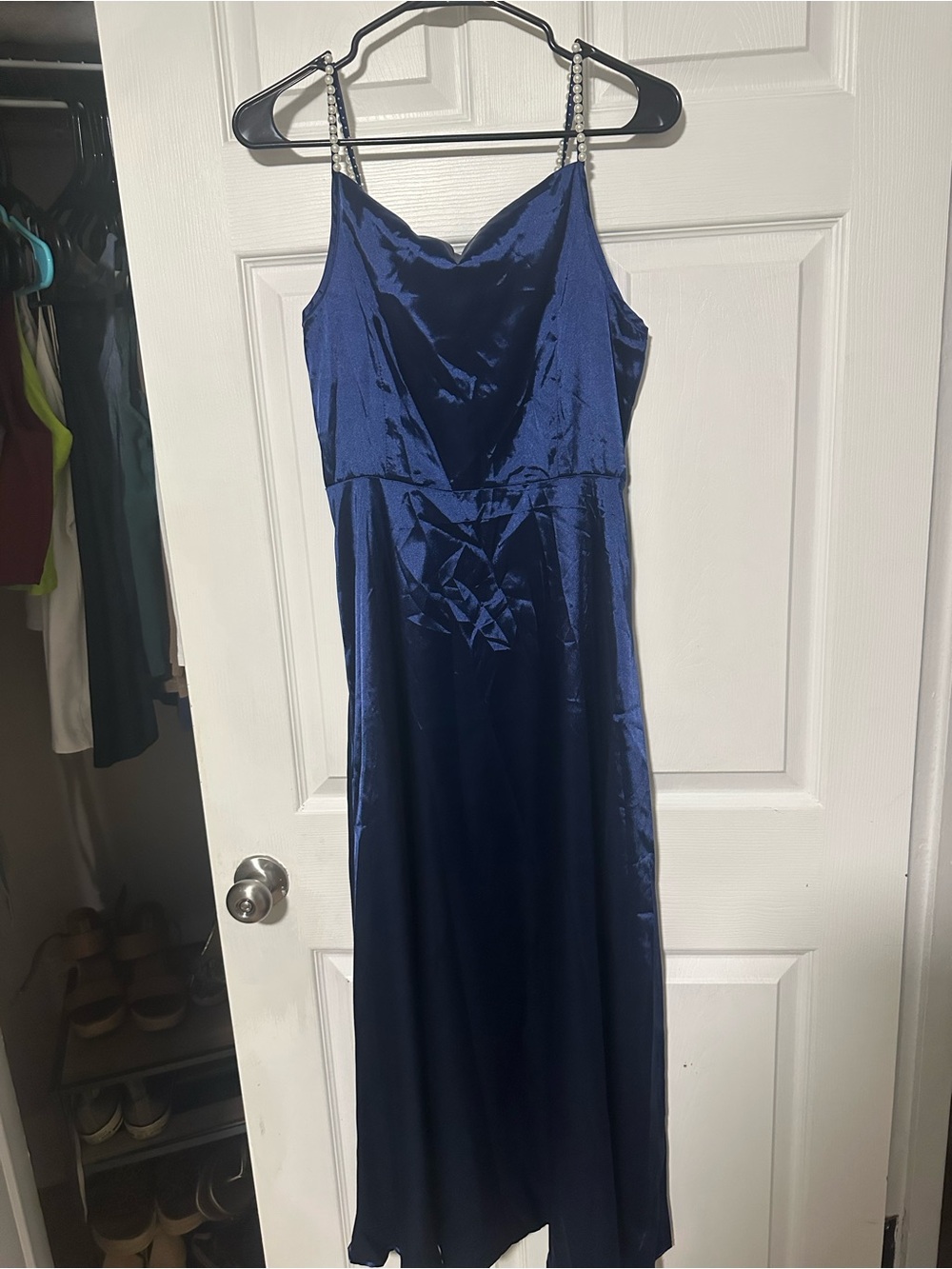 Blue Satin Slip Dress with Beaded Straps